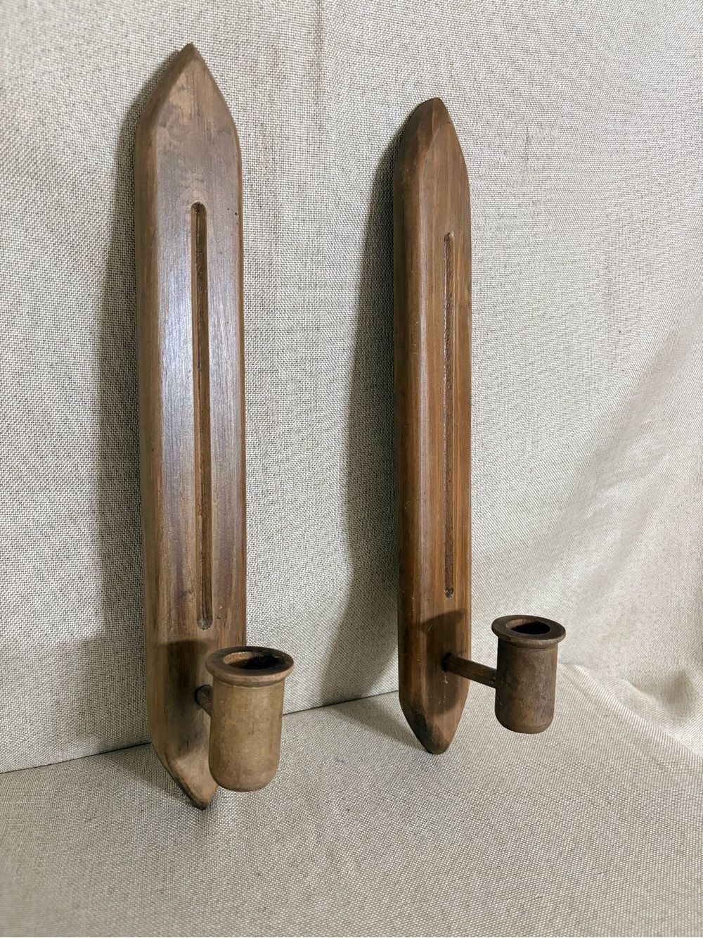 Vintage Pair 15” Wooden Wall Candle Sconces Mid Century Modern Scandinavian - Picture 3 of 13